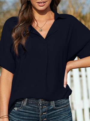 Solid Lapel Half Sleeve Casual Blouse