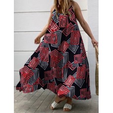 Geometry Print Backless Sleeveless V Neck Spaghetti Maxi Dress