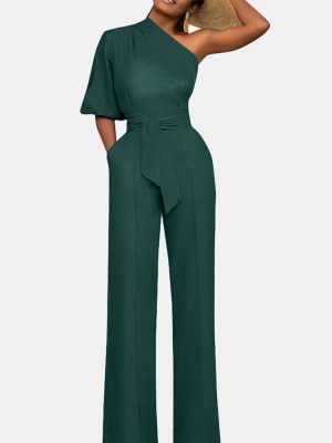 High Waist Solid Pocket Asymmetrical One Shoulder Jumpsuit