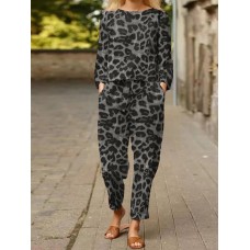 Leopard Print Pocket Tie Long Sleeve Elastic Waist Two Pieces Set