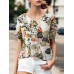 Plant Print V Neck Short Sleeve Casual Blouse