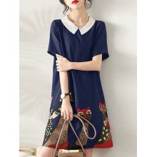 Cartoon Cat Print Contrast Peter Pan Collar Short Sleeve Dress