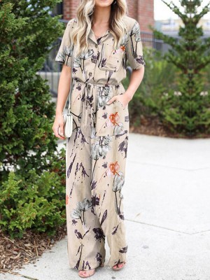 Floral Print Button Pocket Short Sleeve Wide Leg Jumpsuit