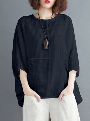 Solid Round Neck Bat Sleeve Casual Blouse