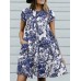 Cotton Plant Print Button Pocket Short Sleeve Midi Dress