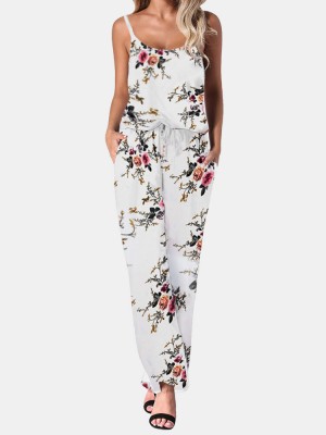 Flower Print Drawstring Pocket Strap Jumpsuit For Women