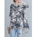 Plant Print Split V Neck High  Low Hem Cotton Casual Blouse