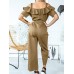 Solid Color Button Pocket Drawstring Off  shoulder Ruffle Casual Jumpsuit