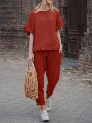 Solid Ruffle Pocket Half Sleeve Round Neck Suit