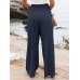 Leisure Solid Shirring Pocket Wide Leg Cotton Pants