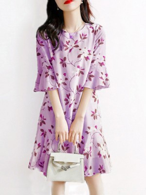 Flower Print Bell Sleeve Crew Neck Keyhole Back Dress