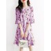 Flower Print Bell Sleeve Crew Neck Keyhole Back Dress