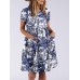 Cotton Plant Print Button Pocket Short Sleeve Midi Dress