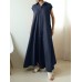 Solid Button Lapel Ruched Short Sleeve Maxi Shirt Dress